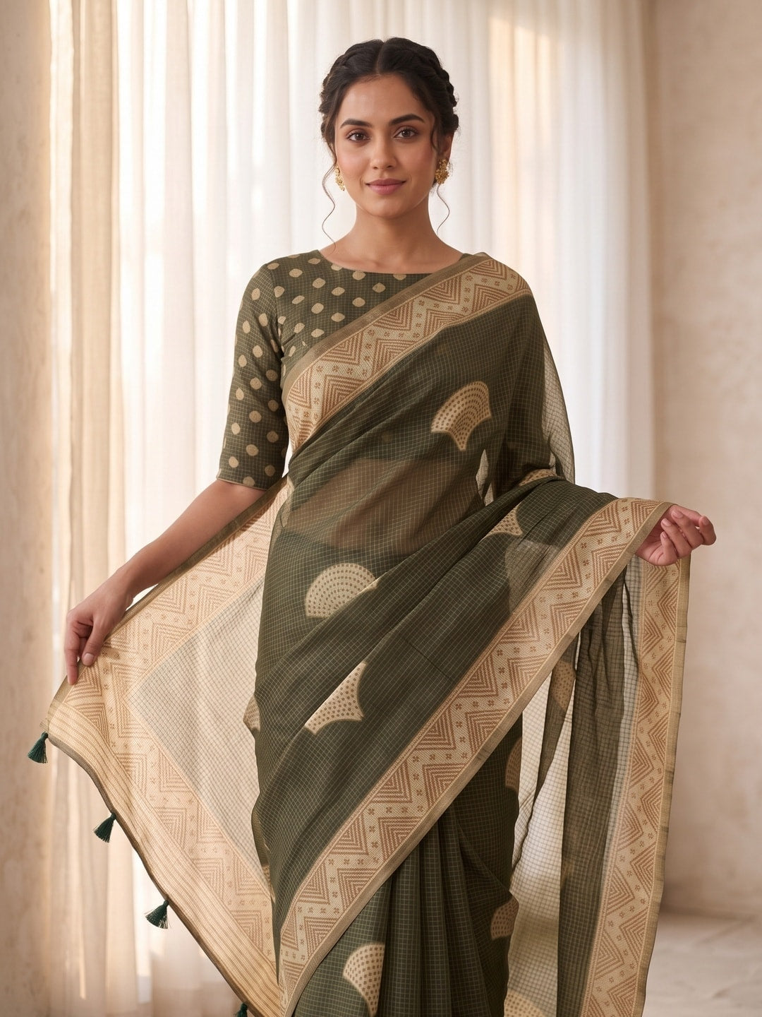 Peachmode Olive Kota Doria Digital Print Zari Check Cotton Saree With Leaf Motifs - Image 3