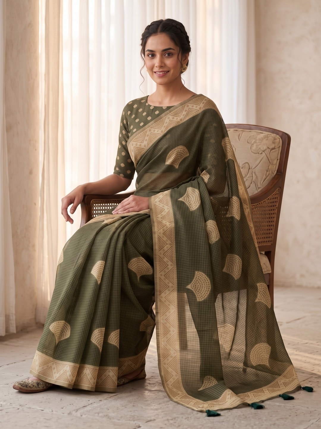 Peachmode Olive Kota Doria Digital Print Zari Check Cotton Saree With Leaf Motifs - Image 5