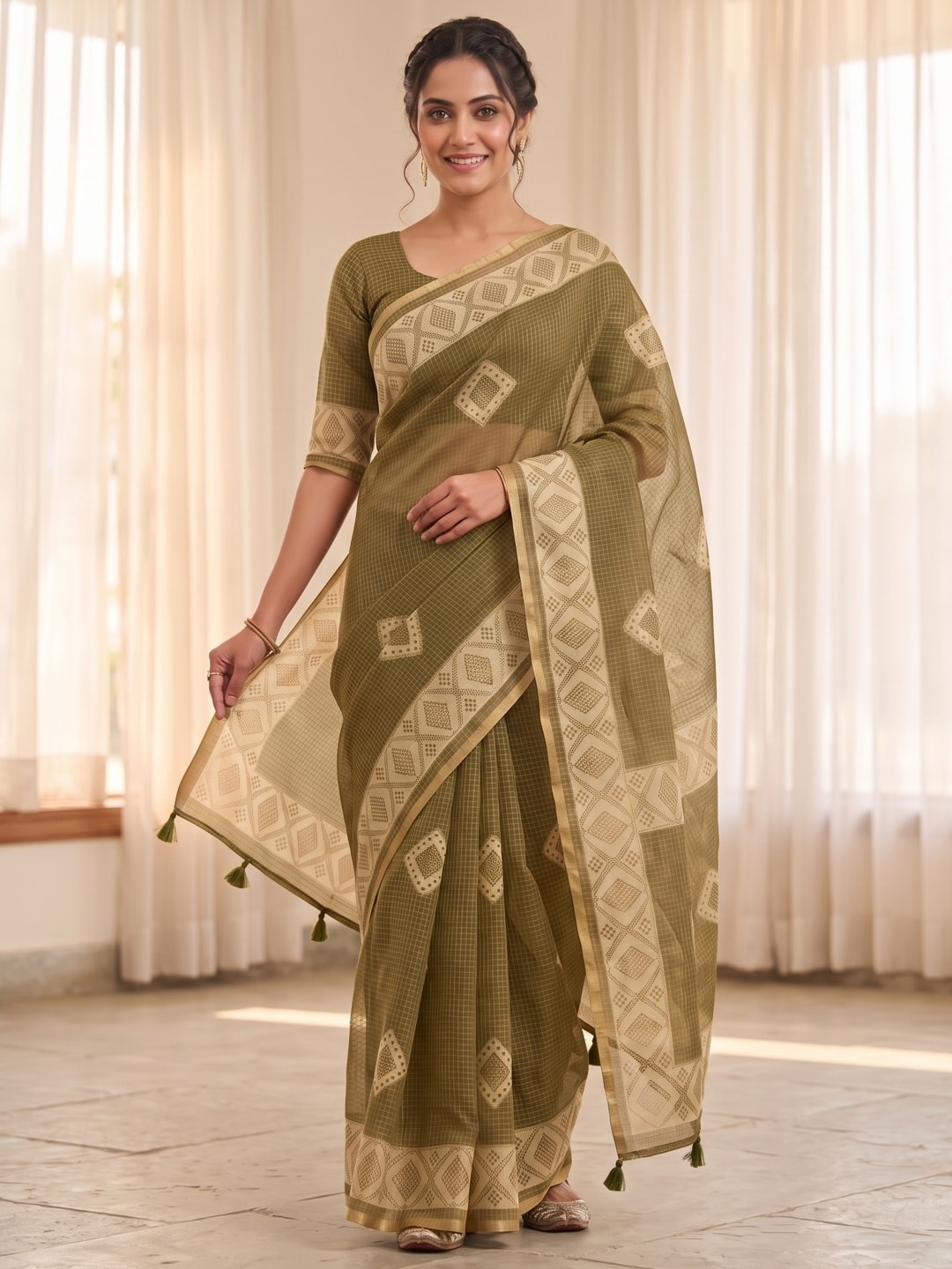 Peachmode Mehndi Kota Doria Digital Print Zari Check Cotton Saree With Diamond Motifs - Image 1