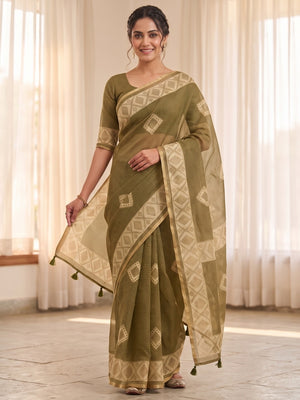Peachmode Mehndi Kota Doria Digital Print Zari Check Cotton Saree With Diamond Motifs - Image 1