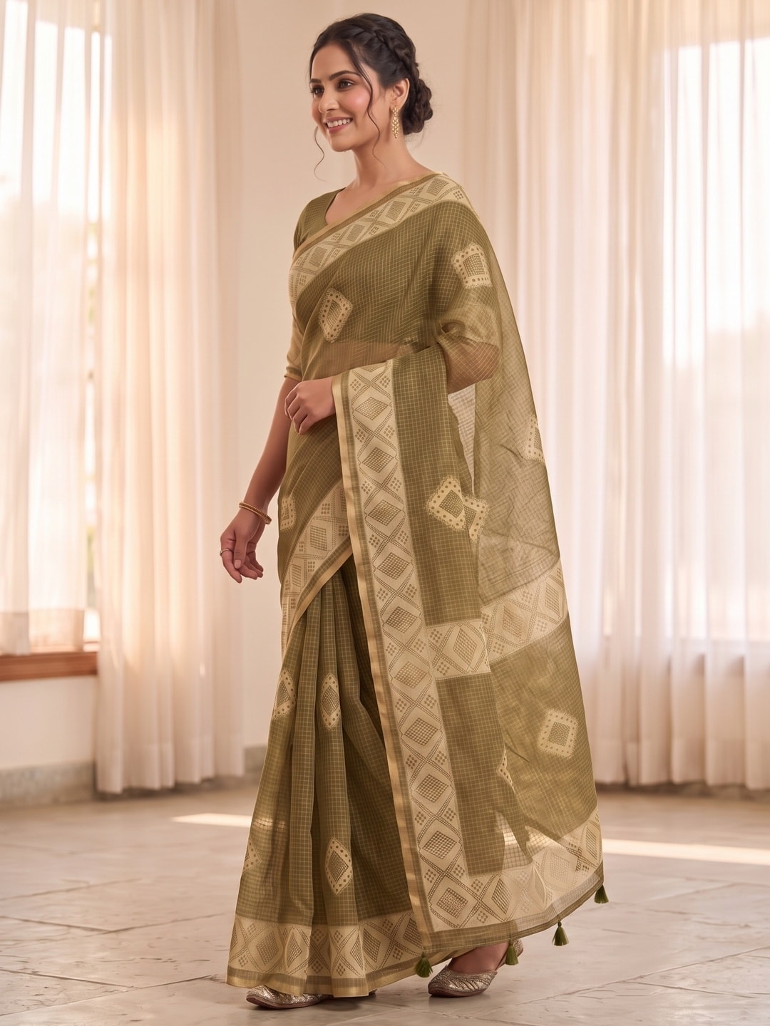 Peachmode Mehndi Kota Doria Digital Print Zari Check Cotton Saree With Diamond Motifs - Image 2