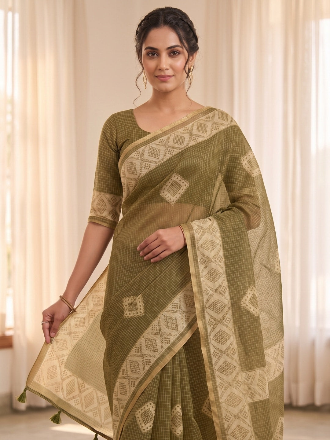 Peachmode Mehndi Kota Doria Digital Print Zari Check Cotton Saree With Diamond Motifs - Image 3