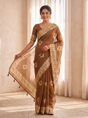 Peachmode Brown Kota Doria Digital Print Zari Check Cotton Saree With Diamond Motifs - Image 1