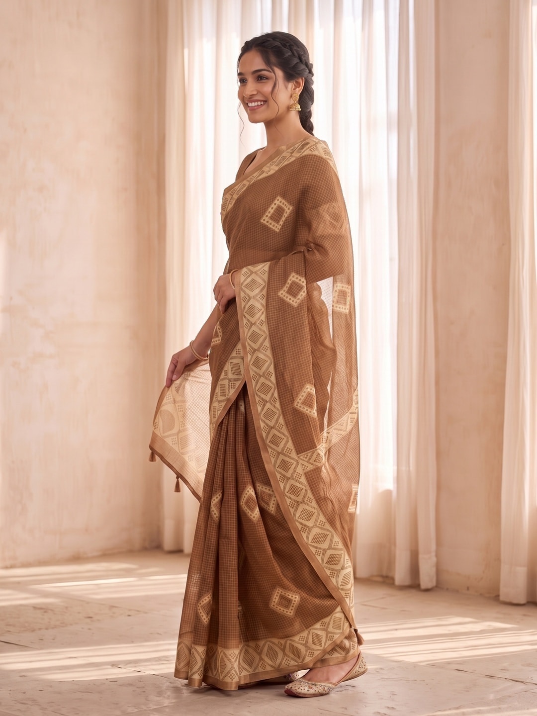 Peachmode Brown Kota Doria Digital Print Zari Check Cotton Saree With Diamond Motifs - Image 2