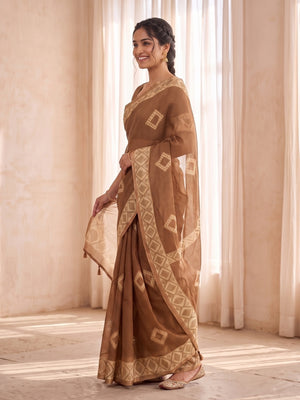 Peachmode Brown Kota Doria Digital Print Zari Check Cotton Saree With Diamond Motifs - Image 2
