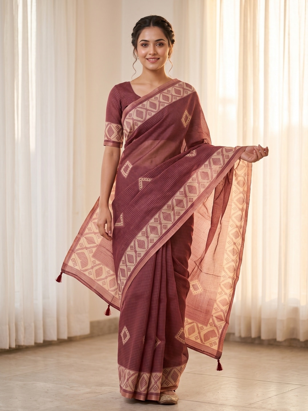 Peachmode Wine Kota Doria Digital Print Zari Check Cotton Saree With Diamond Motifs - Image 1