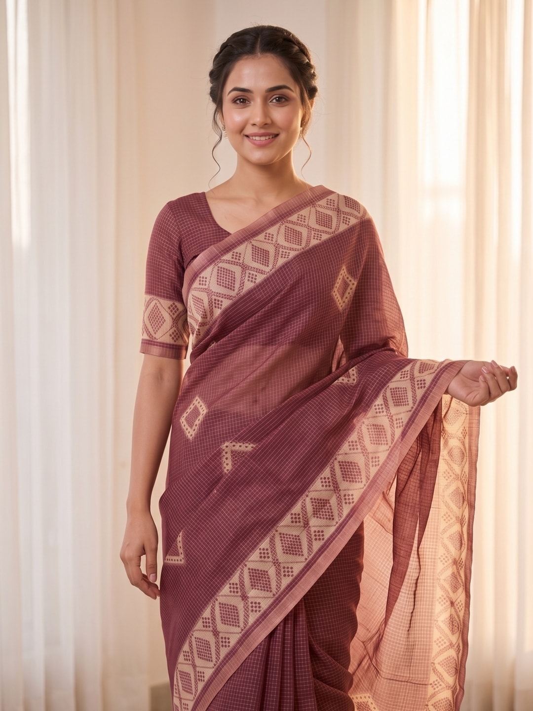 Peachmode Wine Kota Doria Digital Print Zari Check Cotton Saree With Diamond Motifs - Image 3