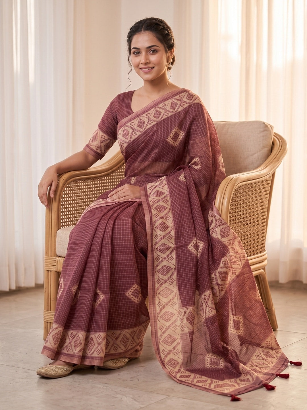 Peachmode Wine Kota Doria Digital Print Zari Check Cotton Saree With Diamond Motifs - Image 5