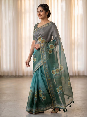 Peachmode Turquoise Kota Doria Digital Floral Print Zari Check Cotton Saree - Image 2