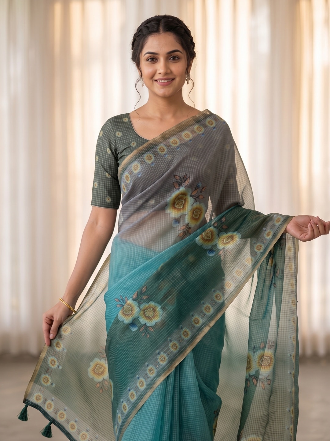 Peachmode Turquoise Kota Doria Digital Floral Print Zari Check Cotton Saree - Image 3