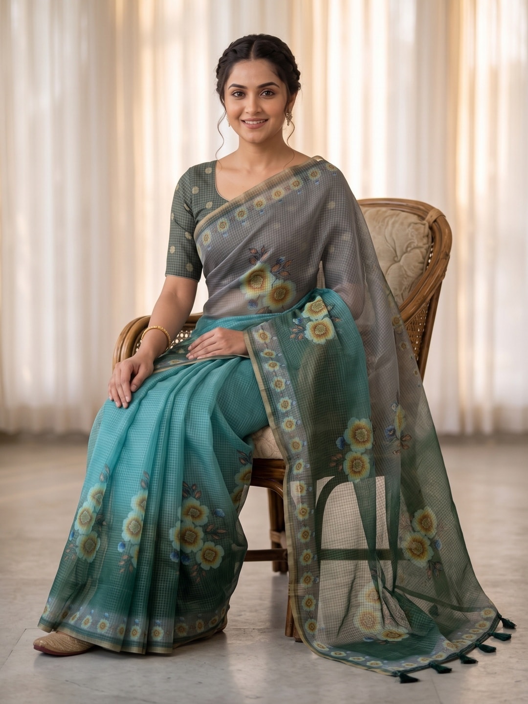 Peachmode Turquoise Kota Doria Digital Floral Print Zari Check Cotton Saree - Image 5