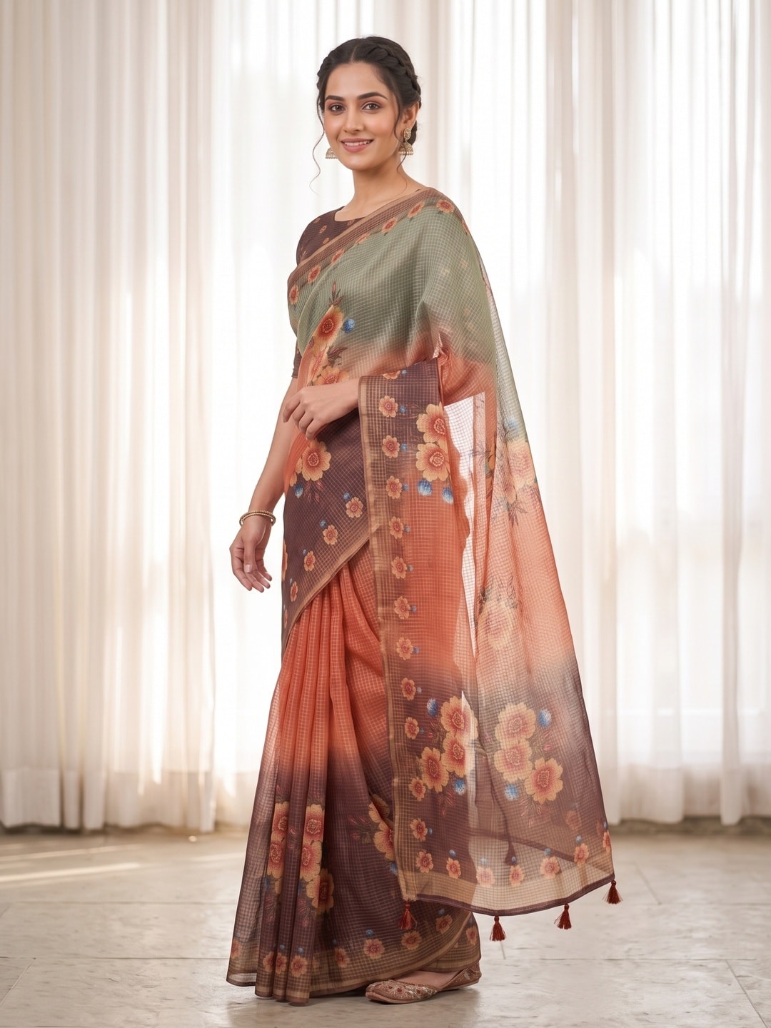 Peachmode Coral Kota Doria Digital Floral Print Zari Check Cotton Saree - Image 2