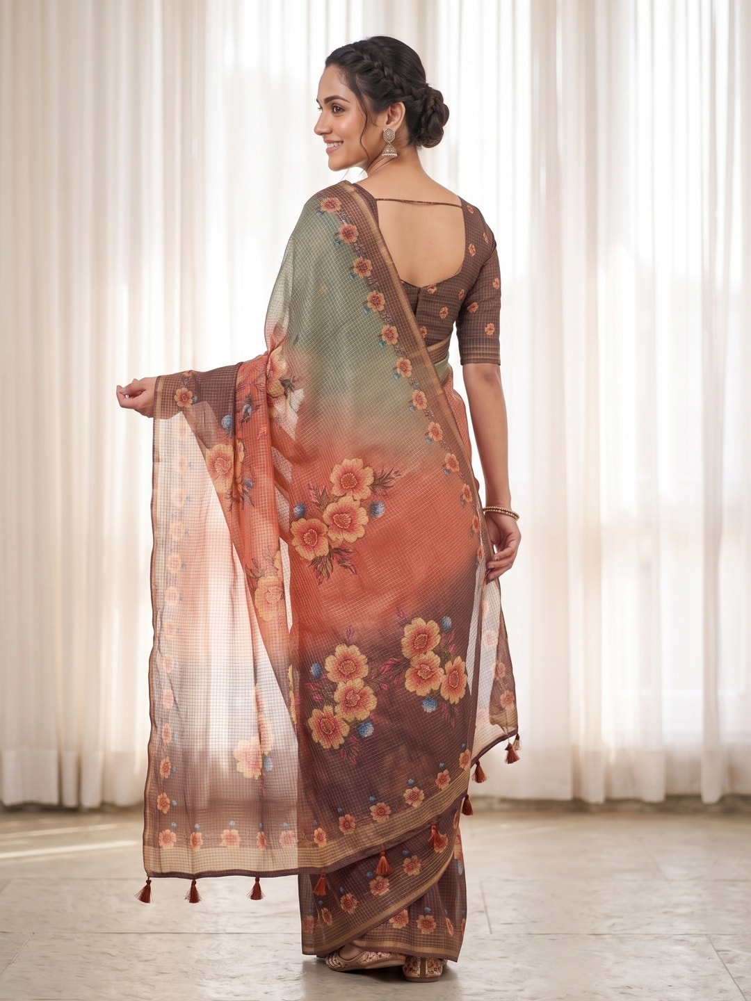 Peachmode Coral Kota Doria Digital Floral Print Zari Check Cotton Saree - Image 4