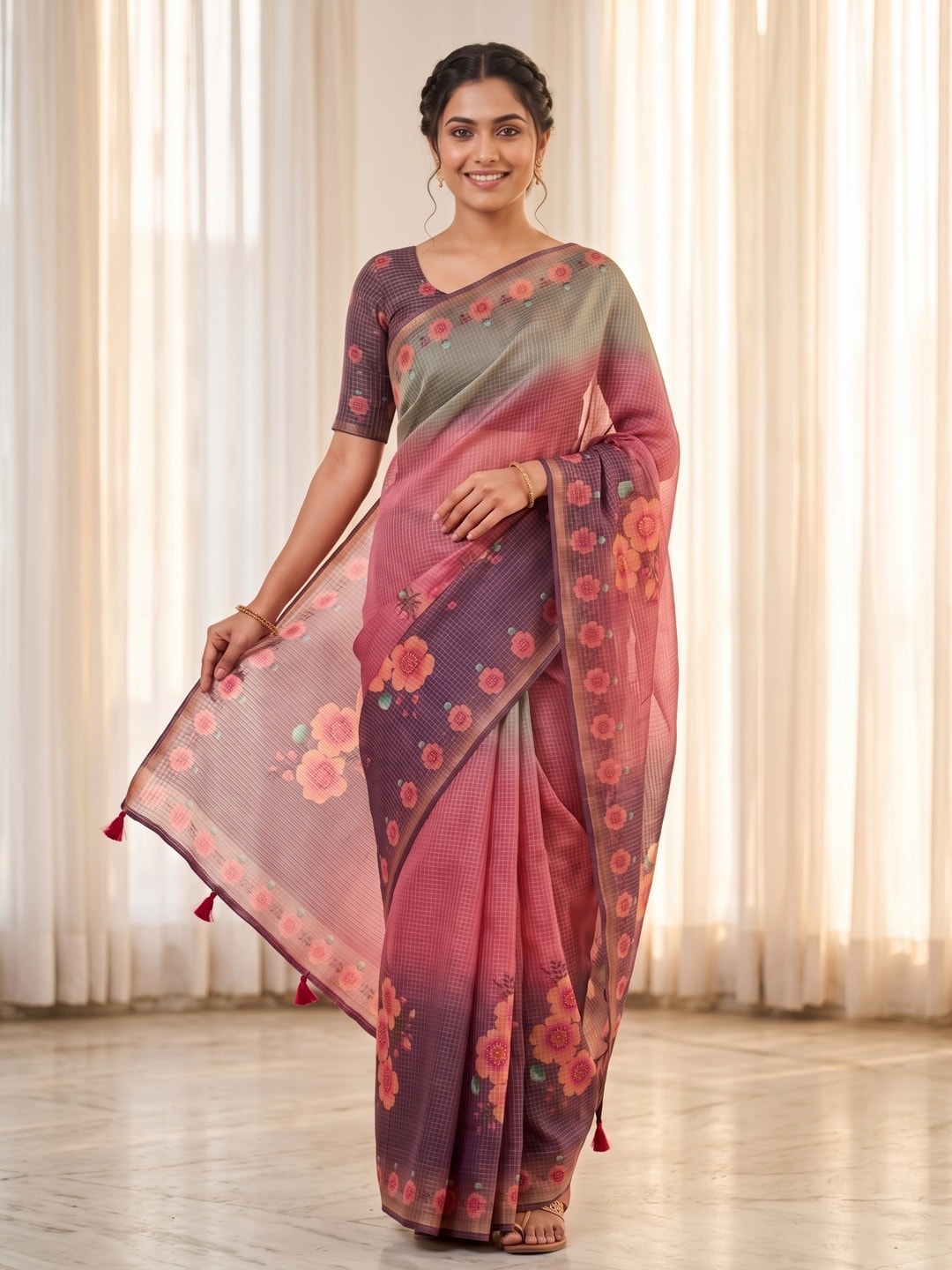 Peachmode Pink Kota Doria Digital Floral Print Zari Check Cotton Saree - Image 1
