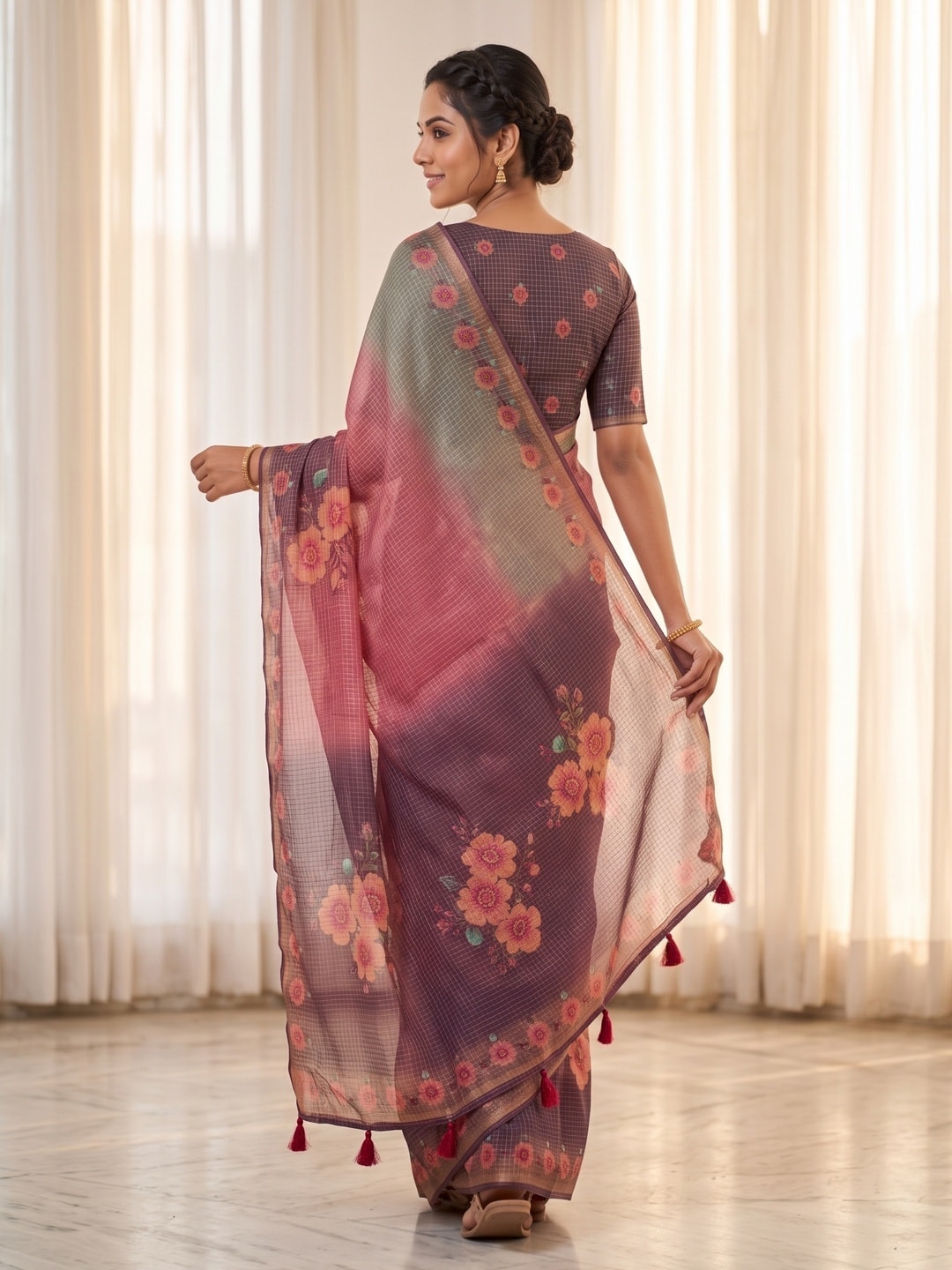 Peachmode Pink Kota Doria Digital Floral Print Zari Check Cotton Saree - Image 4