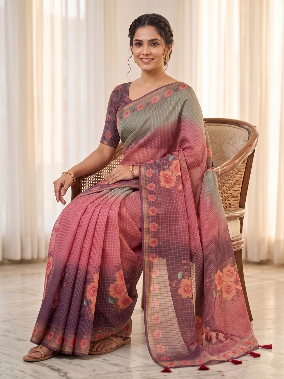 Peachmode Pink Kota Doria Digital Floral Print Zari Check Cotton Saree - Image 5