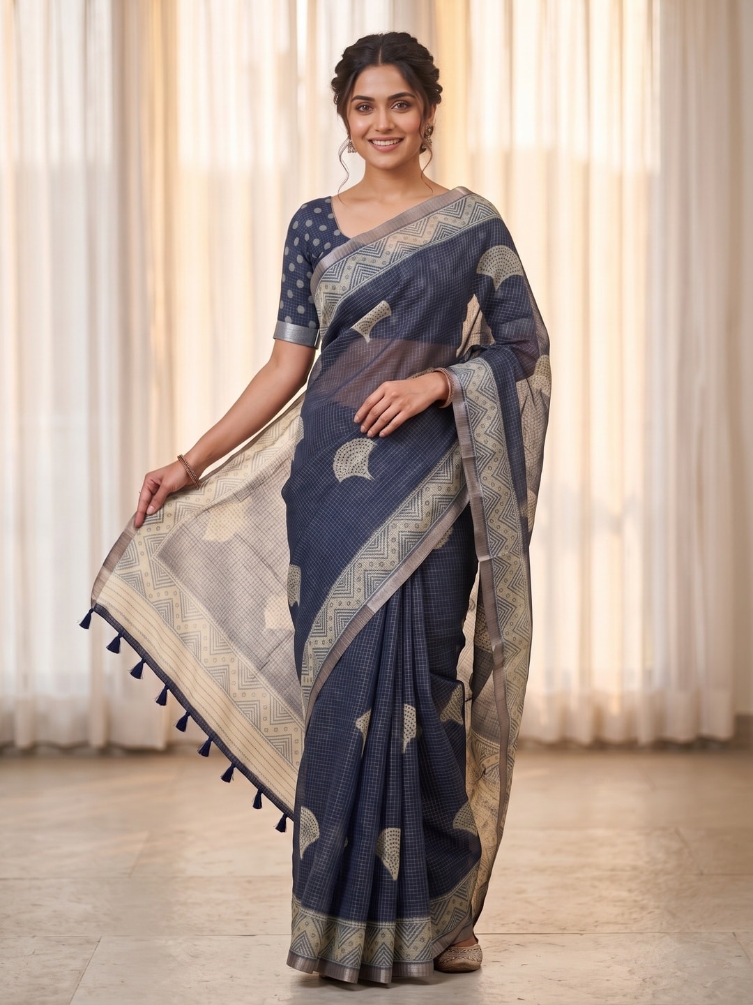 Peachmode Navy Blue Kota Doria Digital Print Zari Check Cotton Saree With Leaf Motifs - Image 1