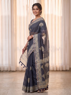 Peachmode Navy Blue Kota Doria Digital Print Zari Check Cotton Saree With Leaf Motifs - Image 2