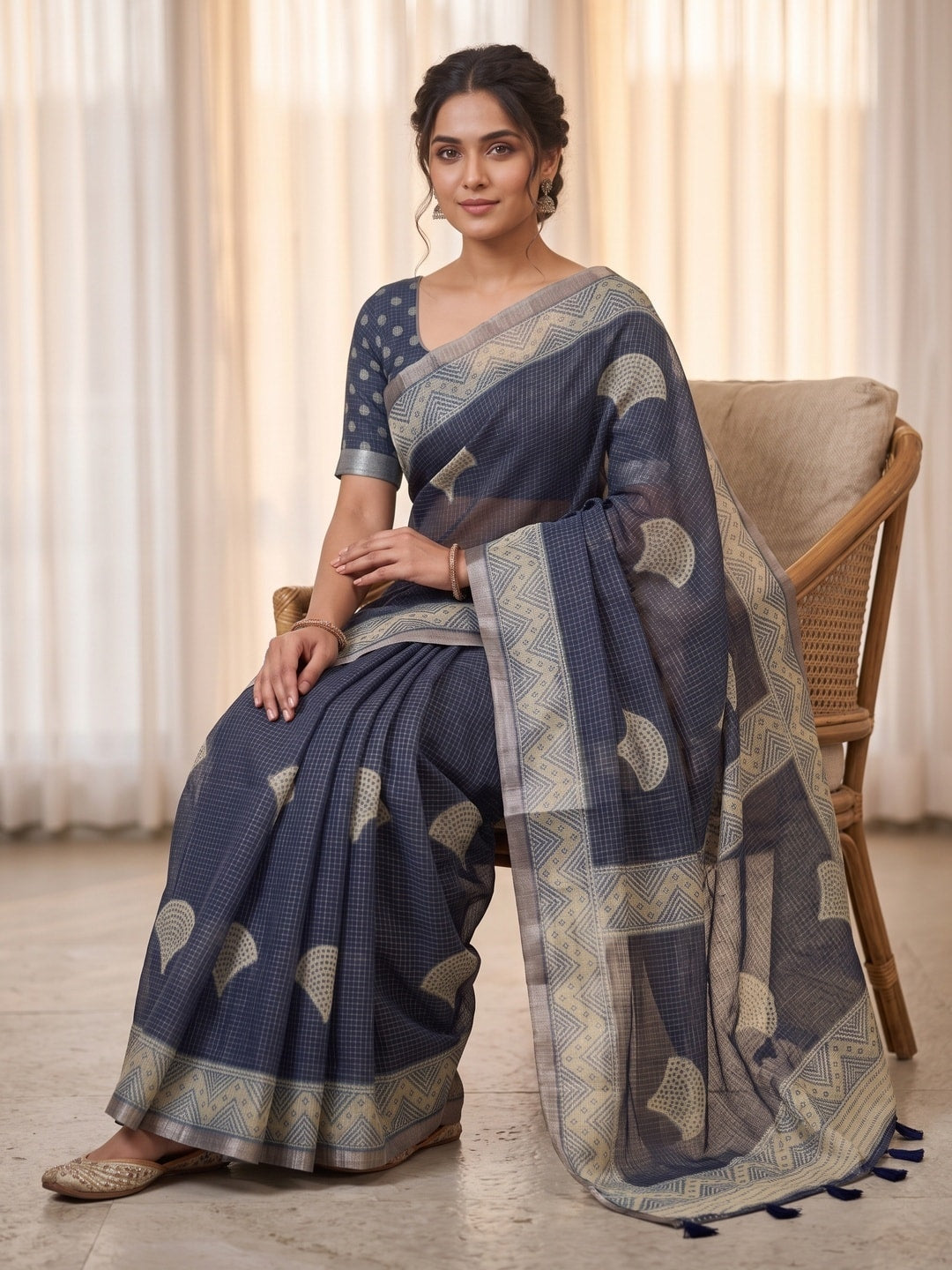Peachmode Navy Blue Kota Doria Digital Print Zari Check Cotton Saree With Leaf Motifs - Image 5