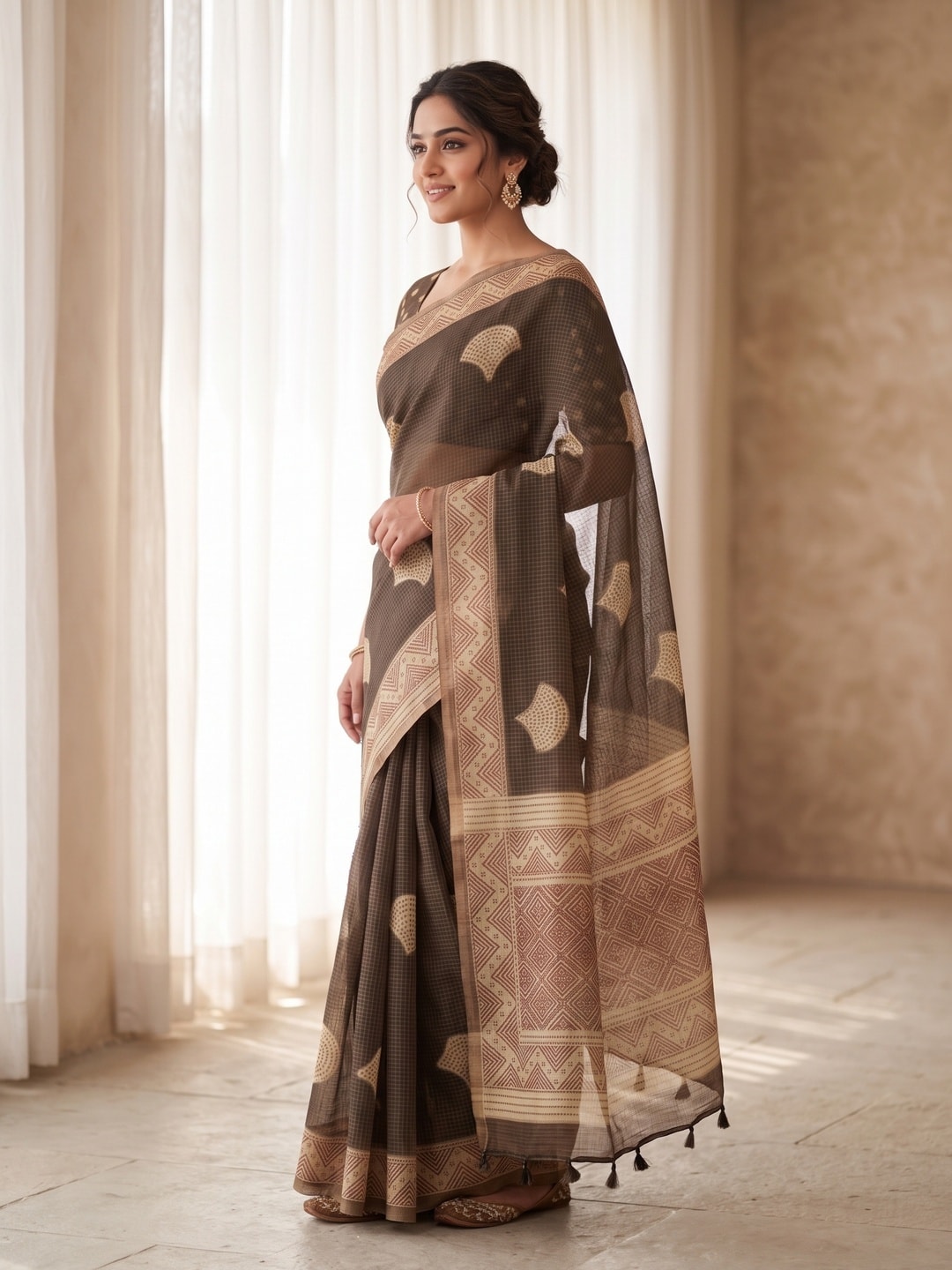 Peachmode Coffee Brown Kota Doria Digital Print Zari Check Cotton Saree With Leaf Motifs - Image 2