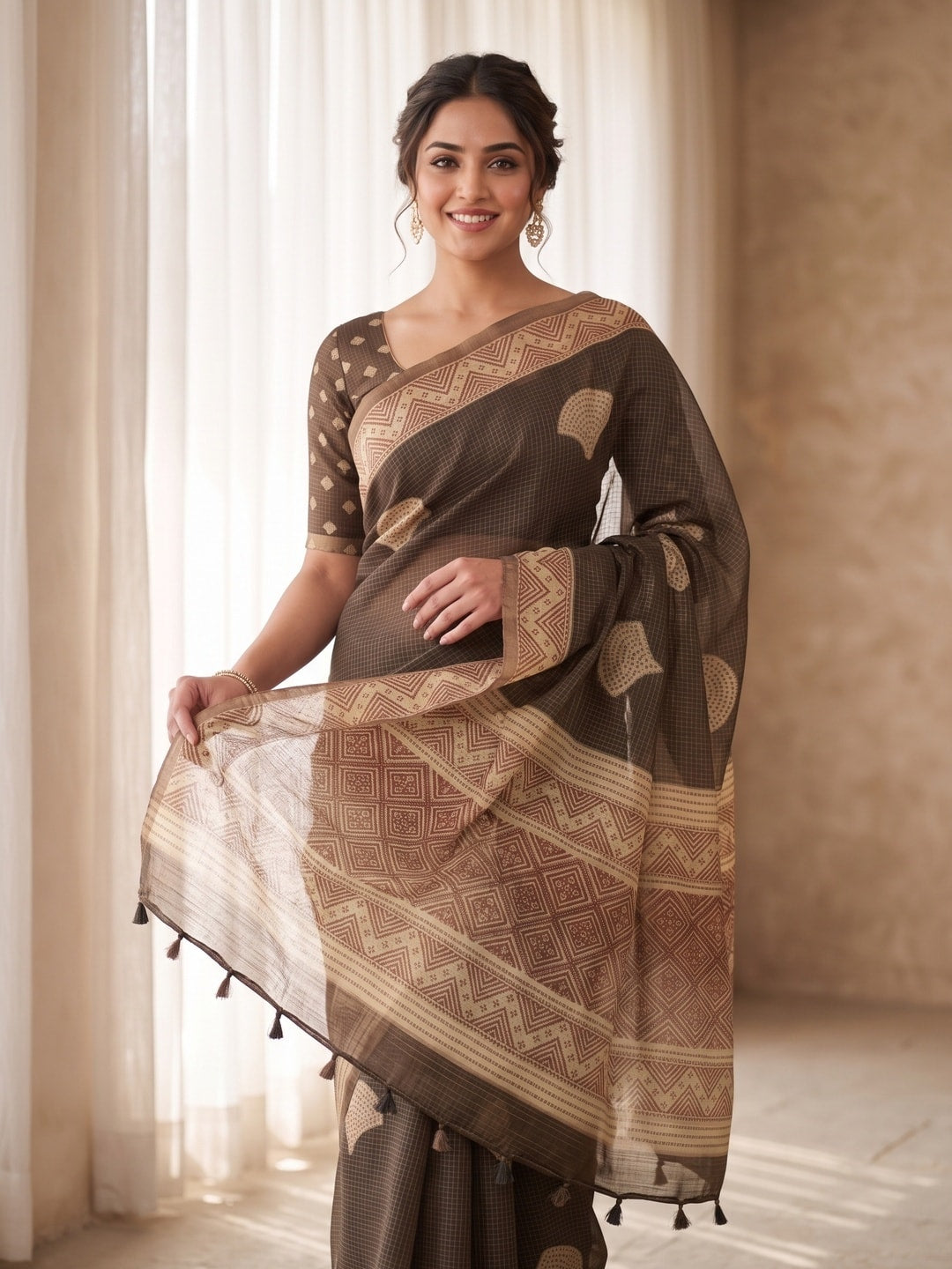Peachmode Coffee Brown Kota Doria Digital Print Zari Check Cotton Saree With Leaf Motifs - Image 3