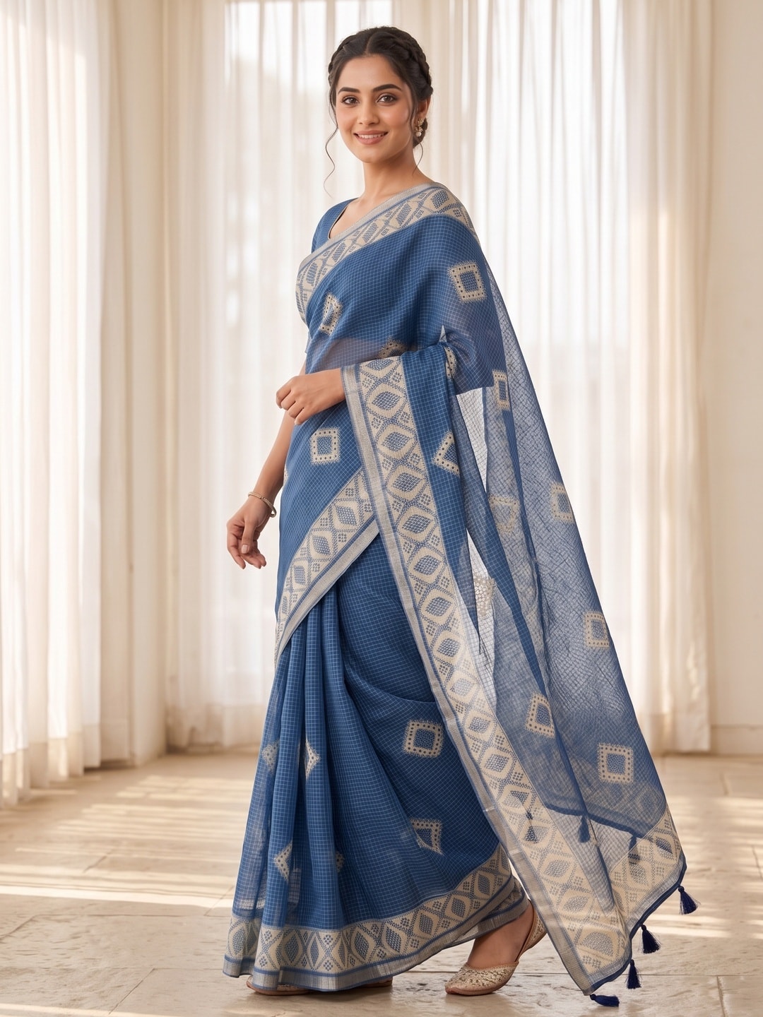 Peachmode Blue Kota Doria Digital Print Zari Check Cotton Saree With Diamond Motifs - Image 2