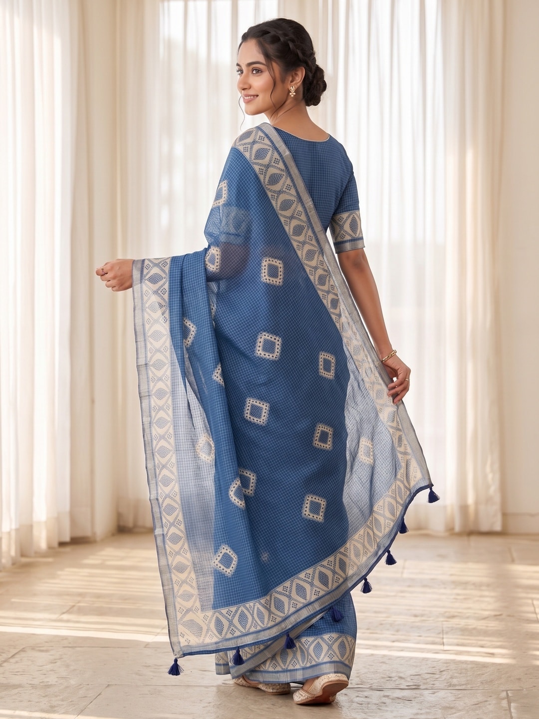 Peachmode Blue Kota Doria Digital Print Zari Check Cotton Saree With Diamond Motifs - Image 4