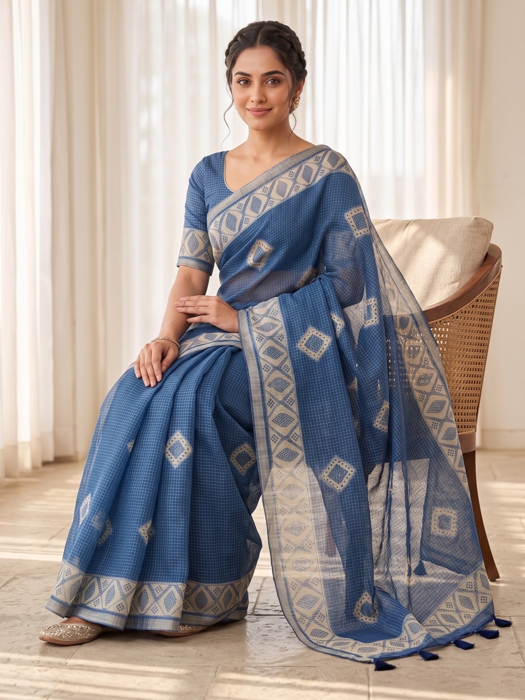 Peachmode Blue Kota Doria Digital Print Zari Check Cotton Saree With Diamond Motifs - Image 5