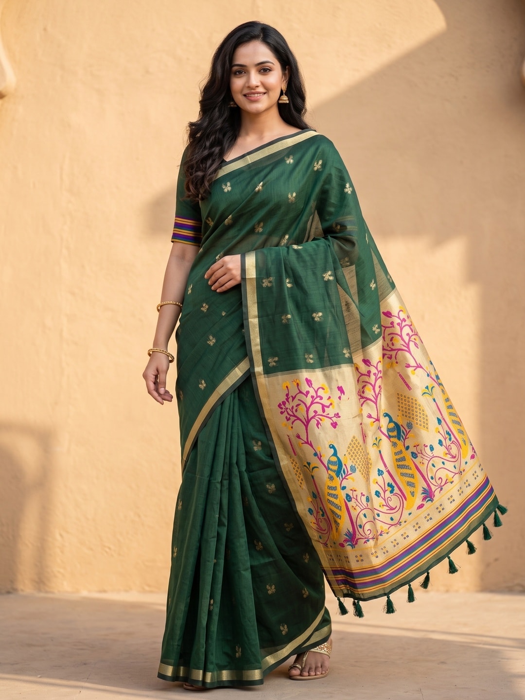 Peachmode Bottle Green Jamdani Butta Cotton Saree With Peacock Tree Tissue Pallu And Zari Border - Image 1