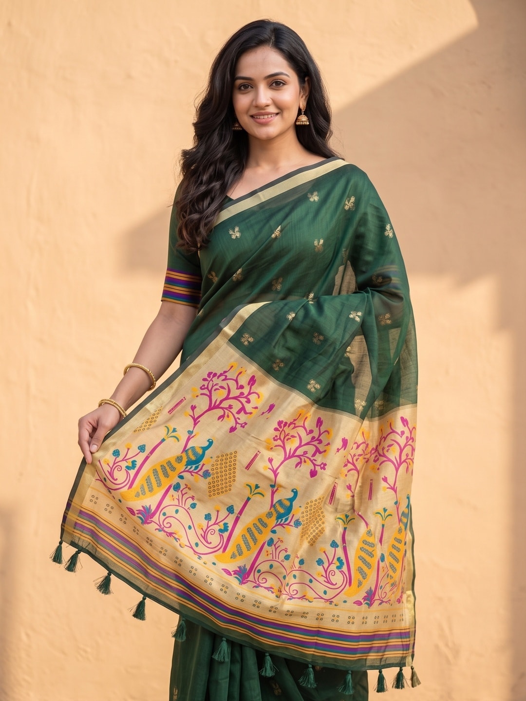 Peachmode Bottle Green Jamdani Butta Cotton Saree With Peacock Tree Tissue Pallu And Zari Border - Image 3