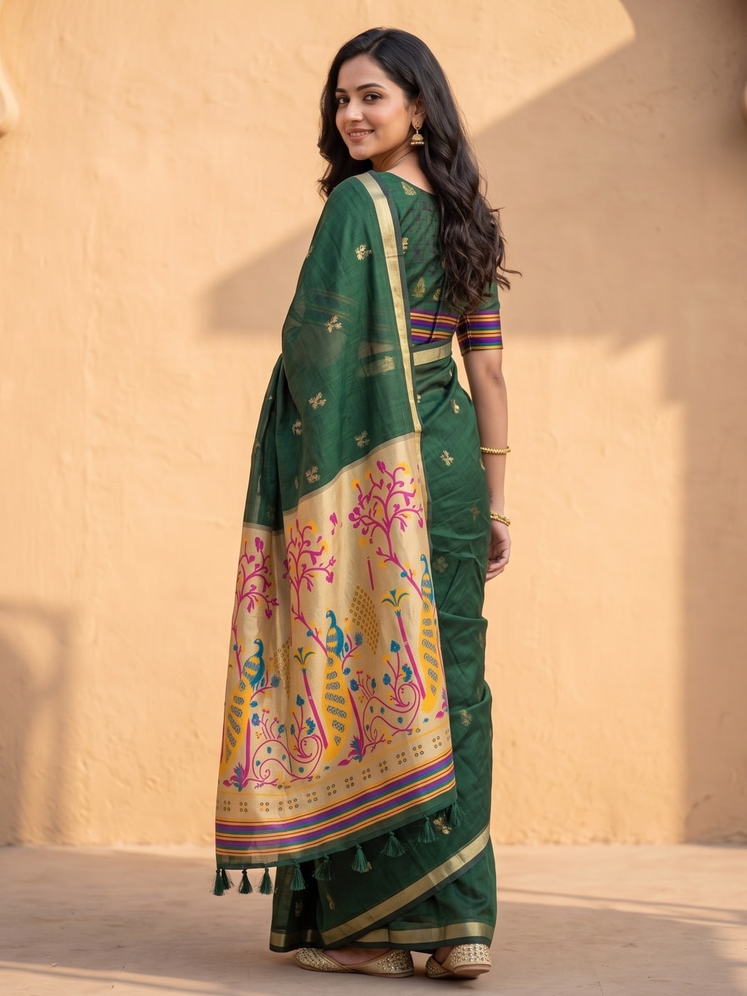 Peachmode Bottle Green Jamdani Butta Cotton Saree With Peacock Tree Tissue Pallu And Zari Border - Image 4