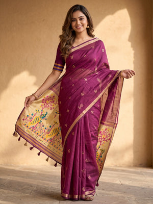 Peachmode Magenta Jamdani Butta Cotton Saree With Peacock Tree Tissue Pallu And Zari Border - Image 1