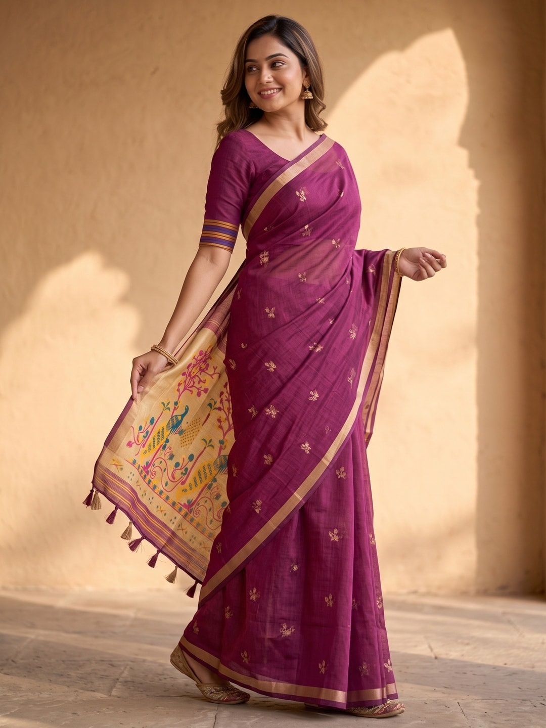 Peachmode Magenta Jamdani Butta Cotton Saree With Peacock Tree Tissue Pallu And Zari Border - Image 2