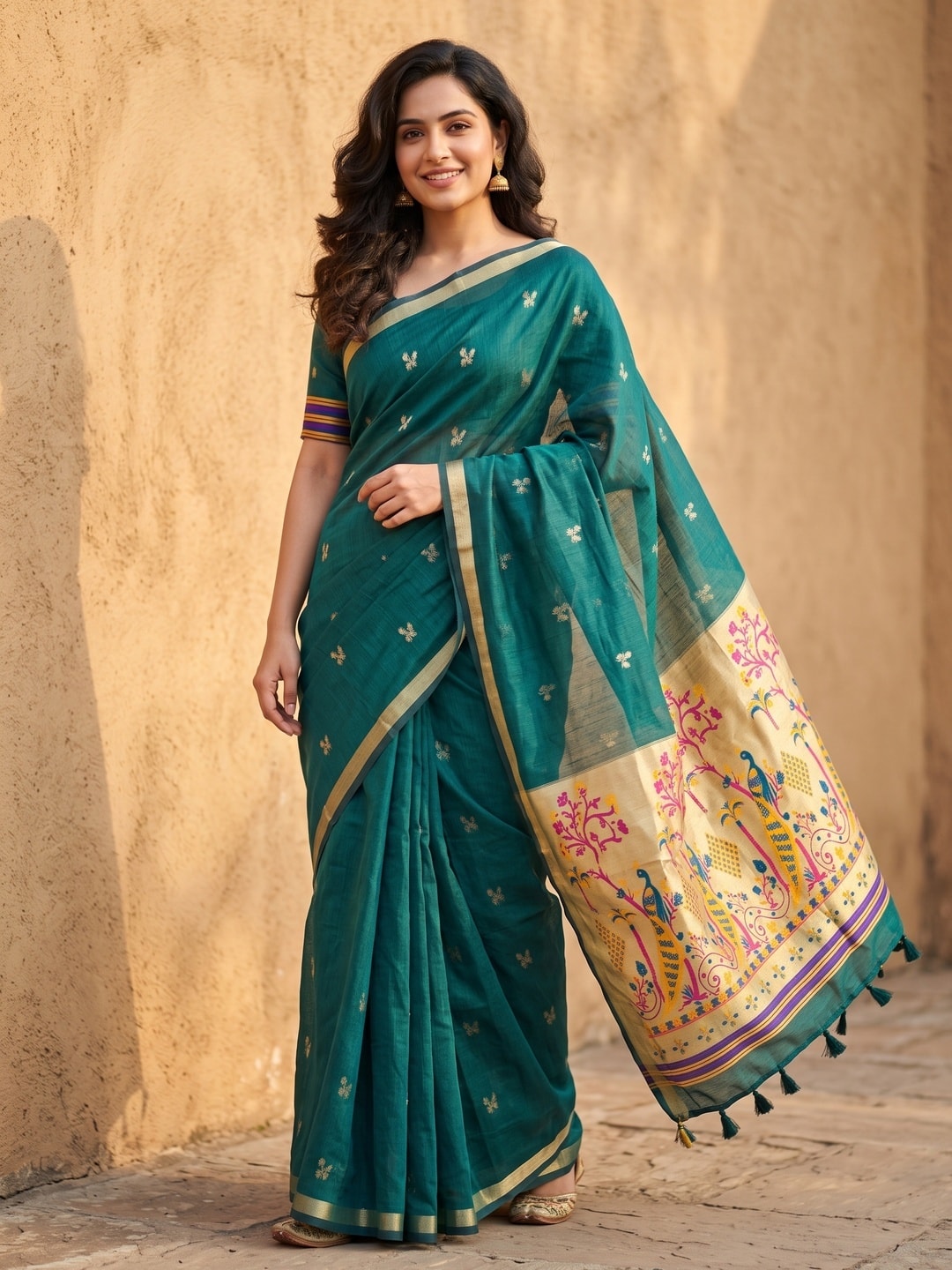 Peachmode Teal Jamdani Butta Cotton Saree With Peacock Tree Tissue Pallu And Zari Border - Image 1