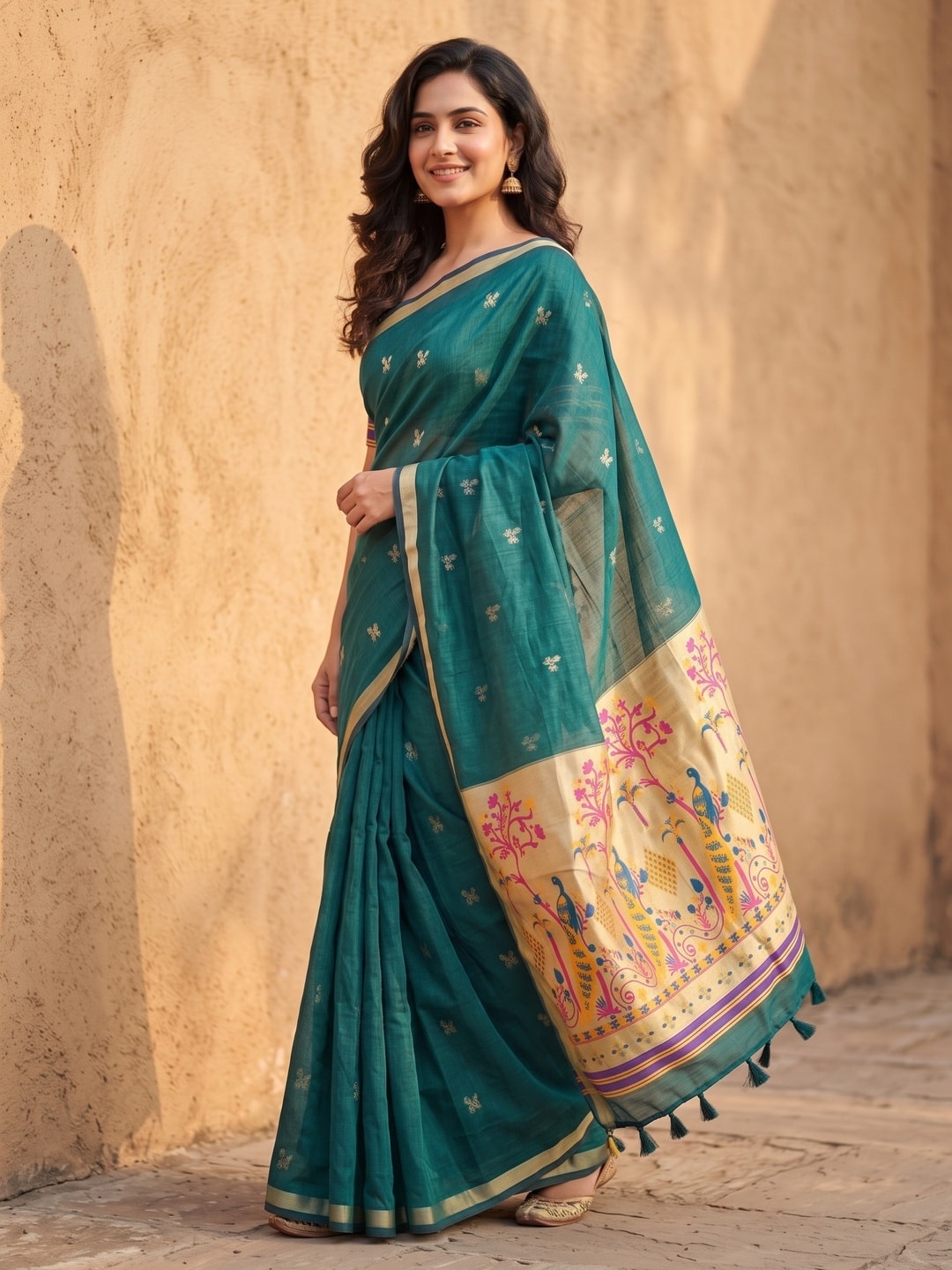Peachmode Teal Jamdani Butta Cotton Saree With Peacock Tree Tissue Pallu And Zari Border - Image 2