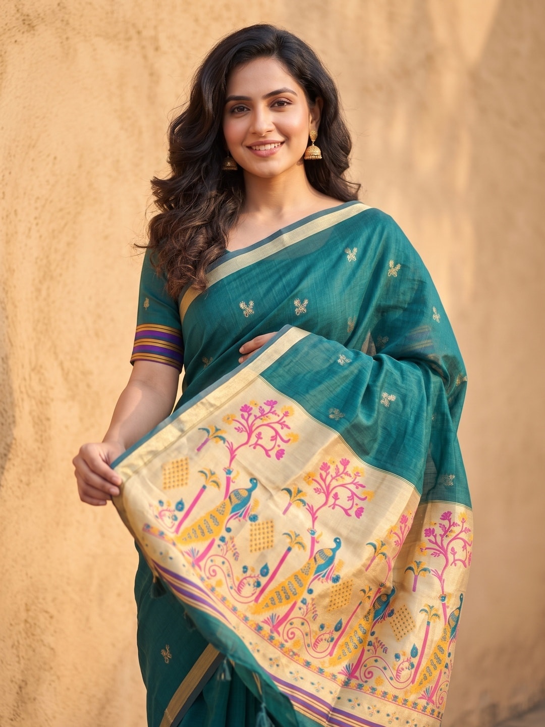 Peachmode Teal Jamdani Butta Cotton Saree With Peacock Tree Tissue Pallu And Zari Border - Image 3