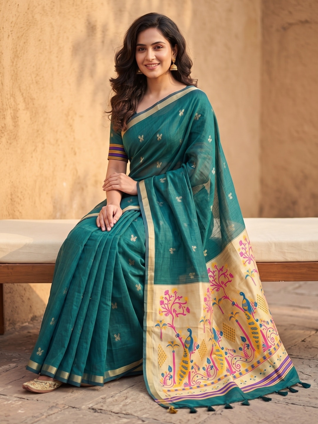 Peachmode Teal Jamdani Butta Cotton Saree With Peacock Tree Tissue Pallu And Zari Border - Image 5
