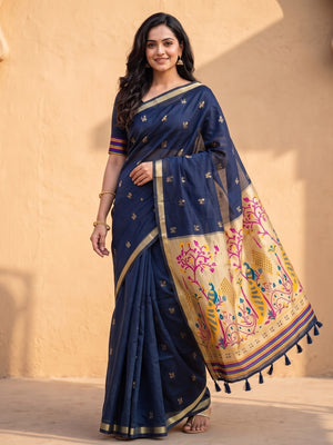 Peachmode Navy Blue Jamdani Butta Cotton Saree With Peacock Tree Tissue Pallu And Zari Border - Image 1