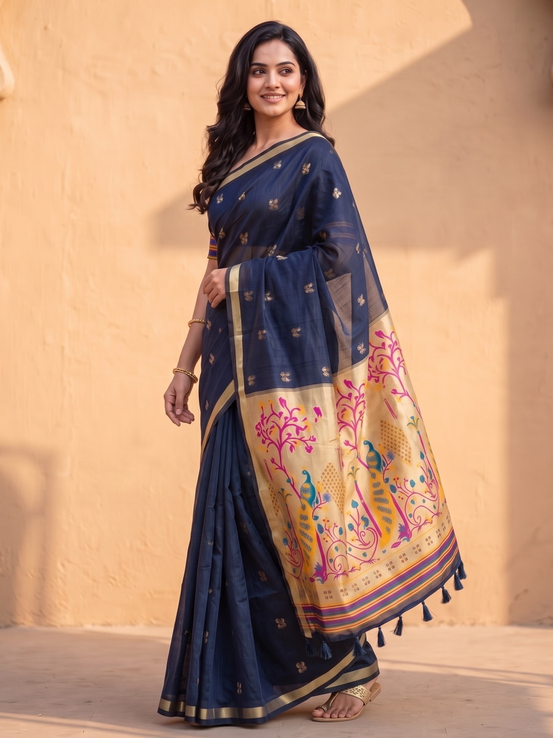Peachmode Navy Blue Jamdani Butta Cotton Saree With Peacock Tree Tissue Pallu And Zari Border - Image 2