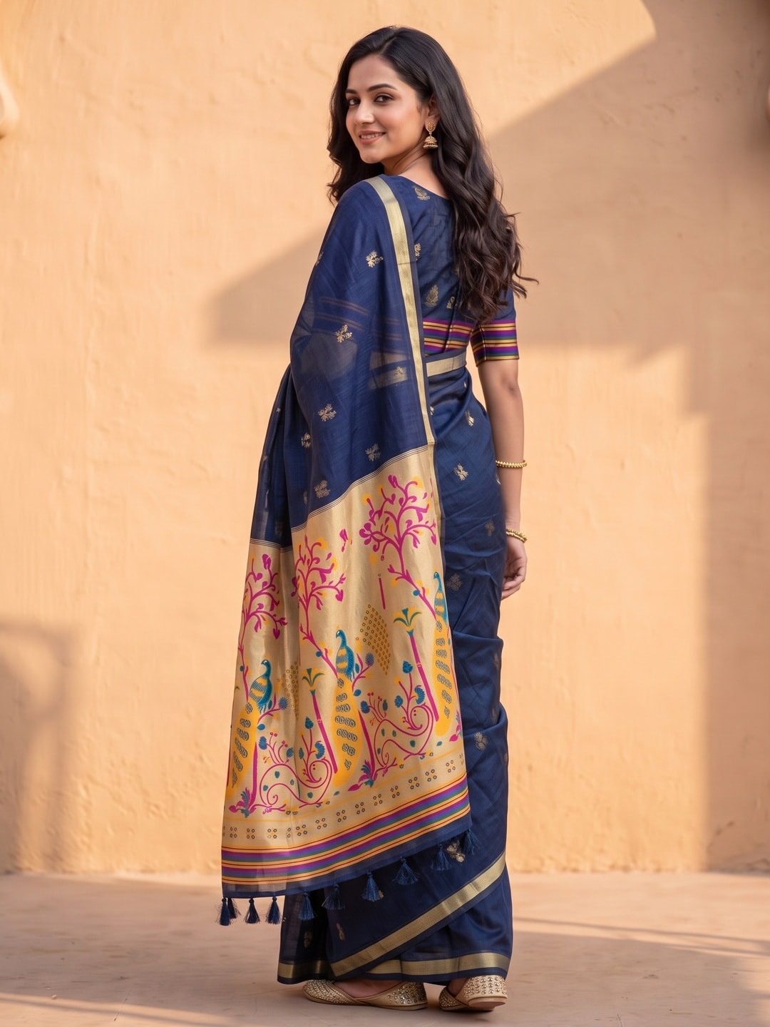 Peachmode Navy Blue Jamdani Butta Cotton Saree With Peacock Tree Tissue Pallu And Zari Border - Image 4