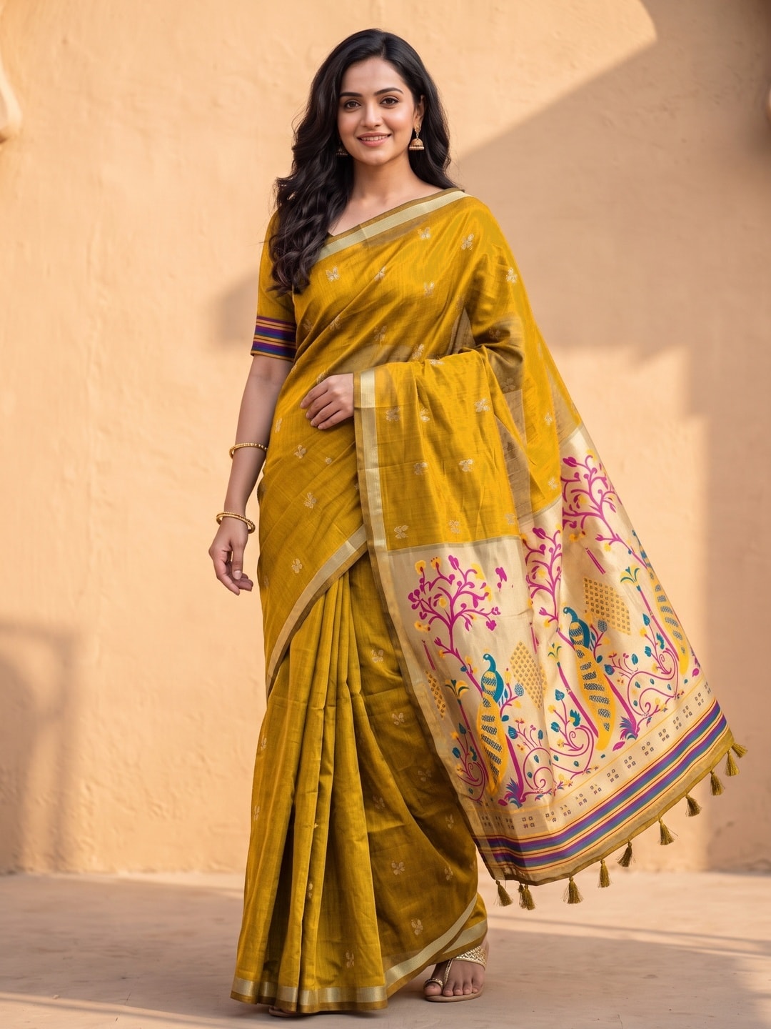 Peachmode Mustard Jamdani Butta Cotton Saree With Peacock Tree Tissue Pallu And Zari Border - Image 1