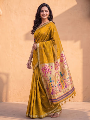 Peachmode Mustard Jamdani Butta Cotton Saree With Peacock Tree Tissue Pallu And Zari Border - Image 2