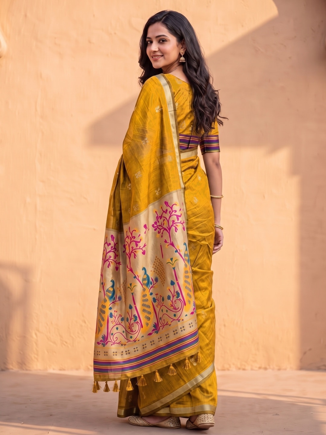 Peachmode Mustard Jamdani Butta Cotton Saree With Peacock Tree Tissue Pallu And Zari Border - Image 4