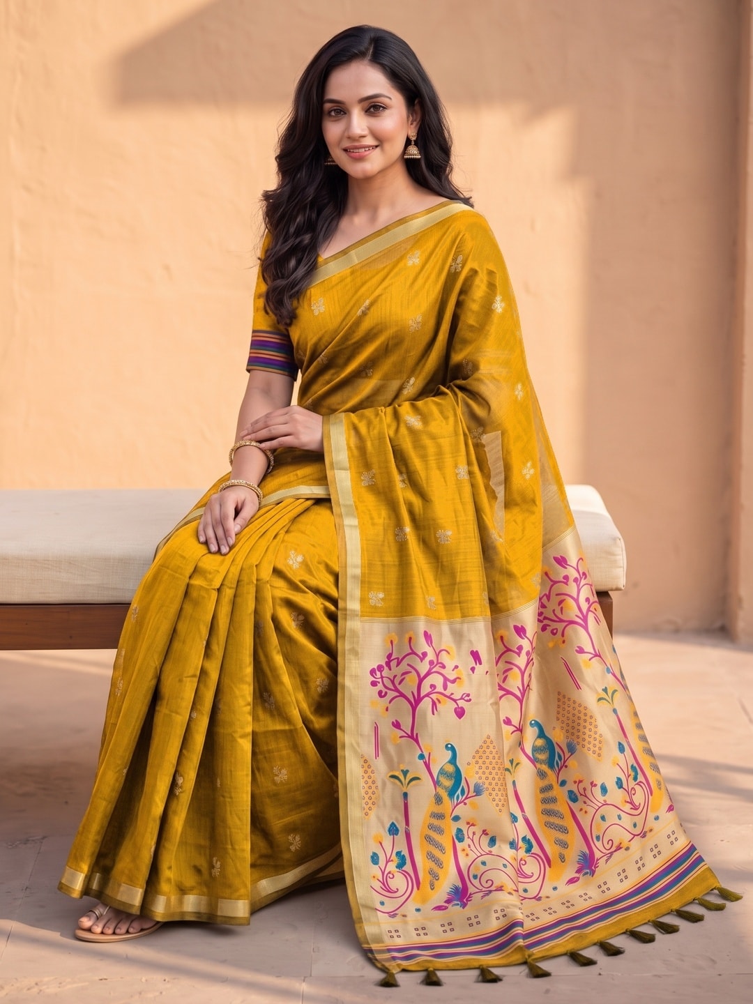 Peachmode Mustard Jamdani Butta Cotton Saree With Peacock Tree Tissue Pallu And Zari Border - Image 5