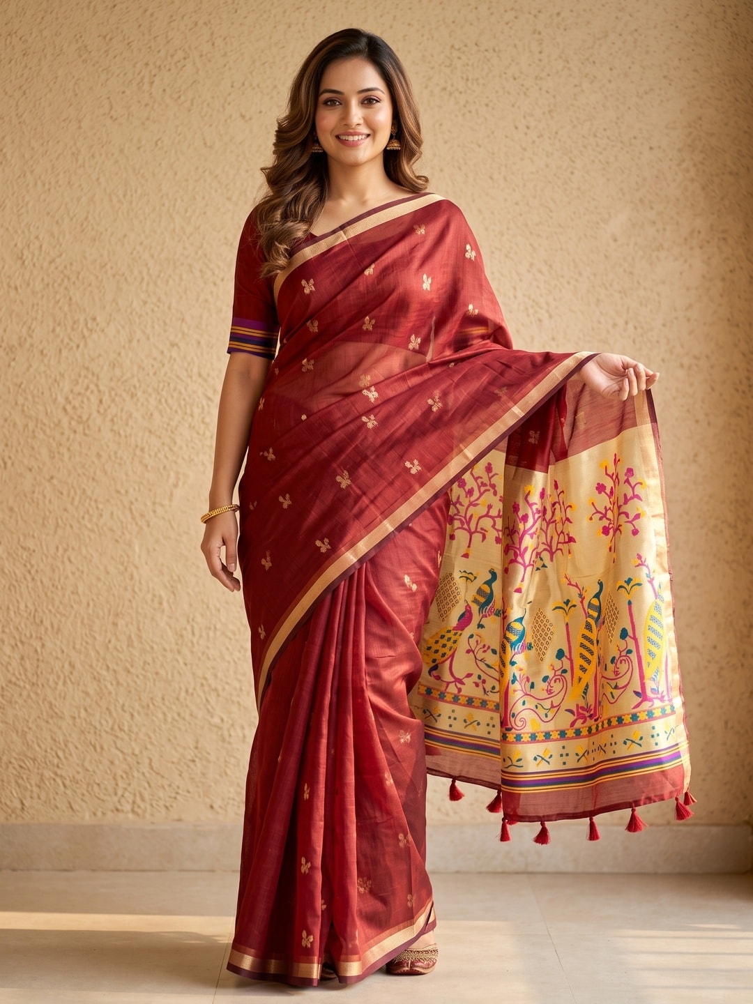 Peachmode Red Jamdani Butta Cotton Saree With Peacock Tree Tissue Pallu And Zari Border - Image 1