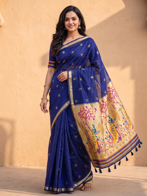 Peachmode Royal Blue Jamdani Butta Cotton Saree With Peacock Tree Tissue Pallu And Zari Border - Image 1