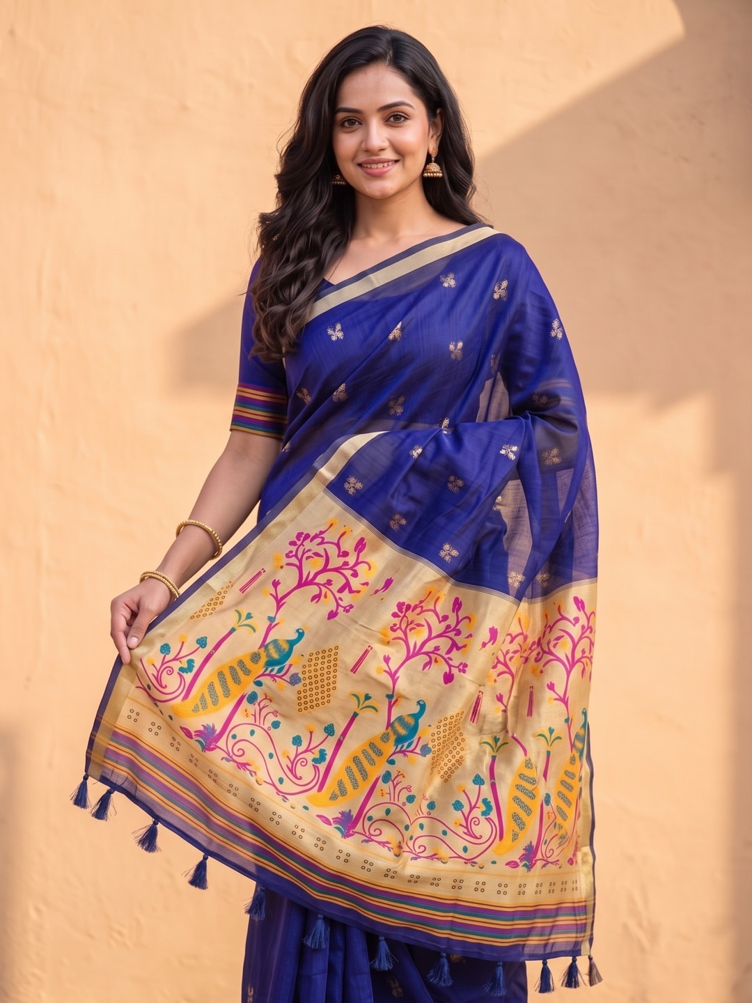 Peachmode Royal Blue Jamdani Butta Cotton Saree With Peacock Tree Tissue Pallu And Zari Border - Image 3