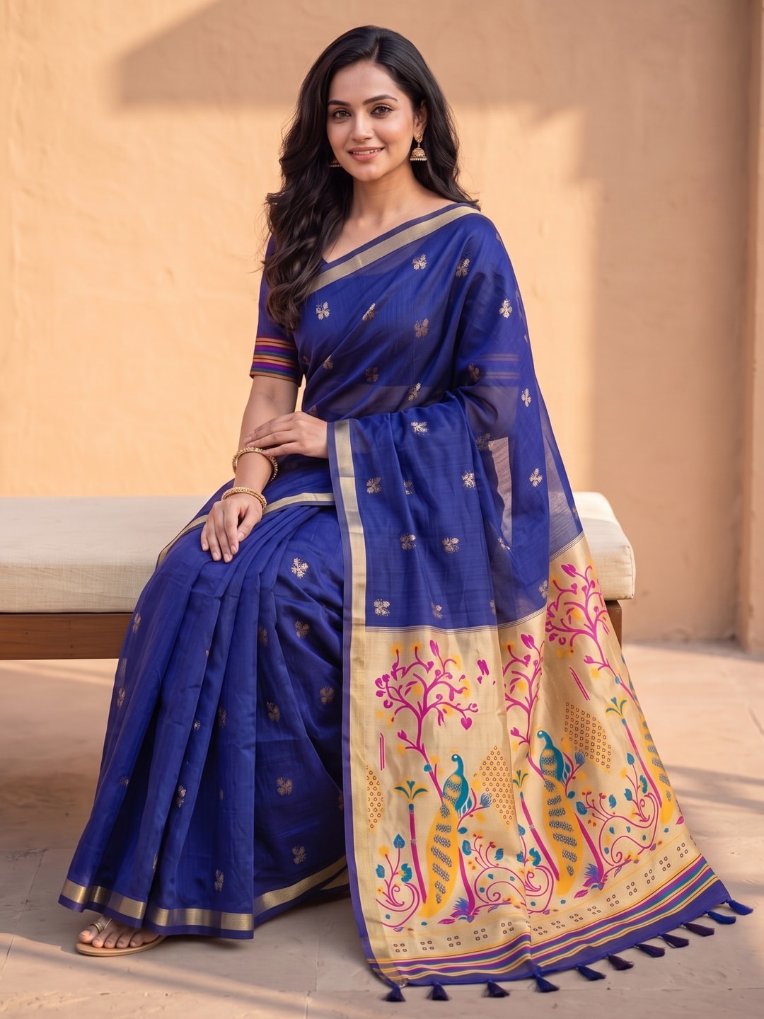 Peachmode Royal Blue Jamdani Butta Cotton Saree With Peacock Tree Tissue Pallu And Zari Border - Image 5