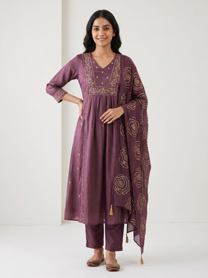 Peachmode Wine Chinon Blend Anarkali Salwar Suit with Gold Embroidery - Image 1
