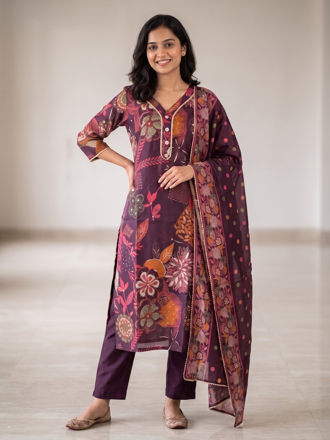 Peachmode Purple Chanderi Silk Floral Print Salwar Suit - Image 1